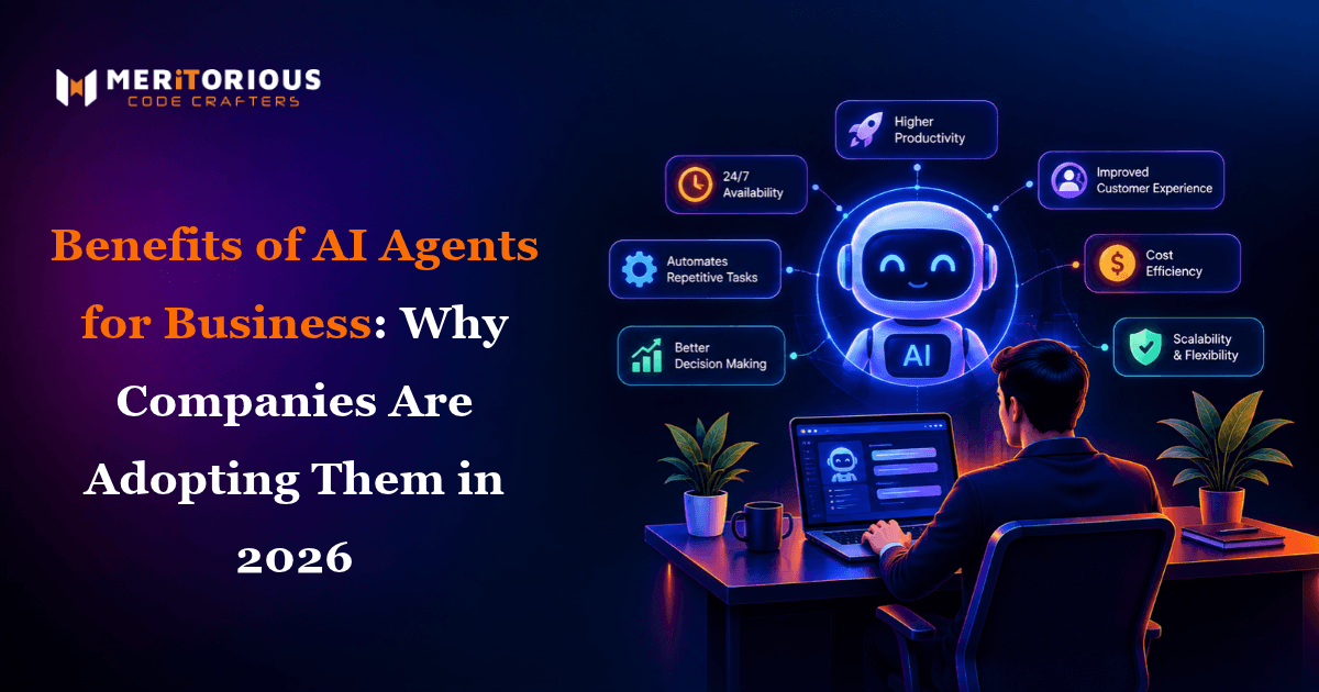 An infographic banner titled "Benefits of AI Agents for Business: Why Companies Are Adopting Them in 2026" by Meritorious Code Crafters. The image depicts a professional working on a laptop at a futuristic desk while interacting with a glowing AI robot agent. Surrounding the AI character are six benefit nodes: 24/7 Availability, Higher Productivity, Automates Repetitive Tasks, Improved Customer Experience, Cost Efficiency, Better Decision Making, and Scalability & Flexibility.