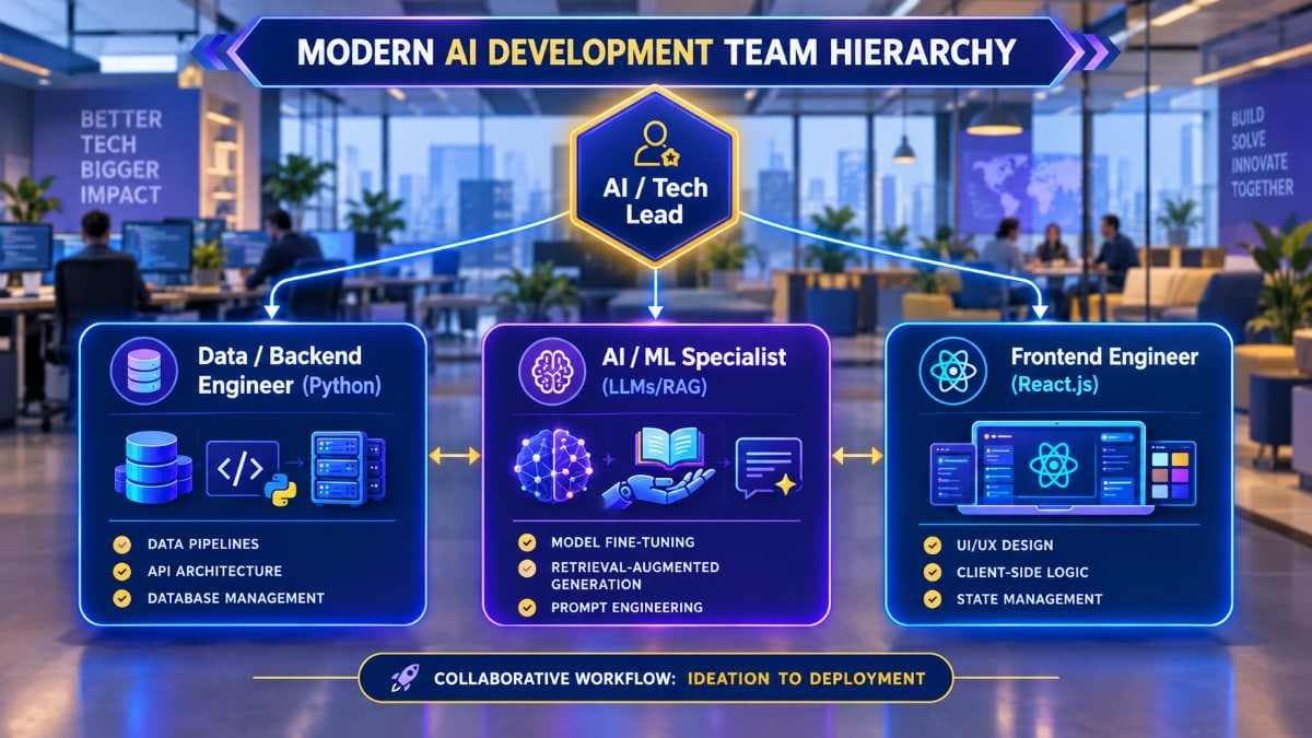 Modern AI Development Team Hierarchy showing AI Tech Lead, Python Data Backend Engineer, AI ML Specialist, and React.js Frontend Engineer